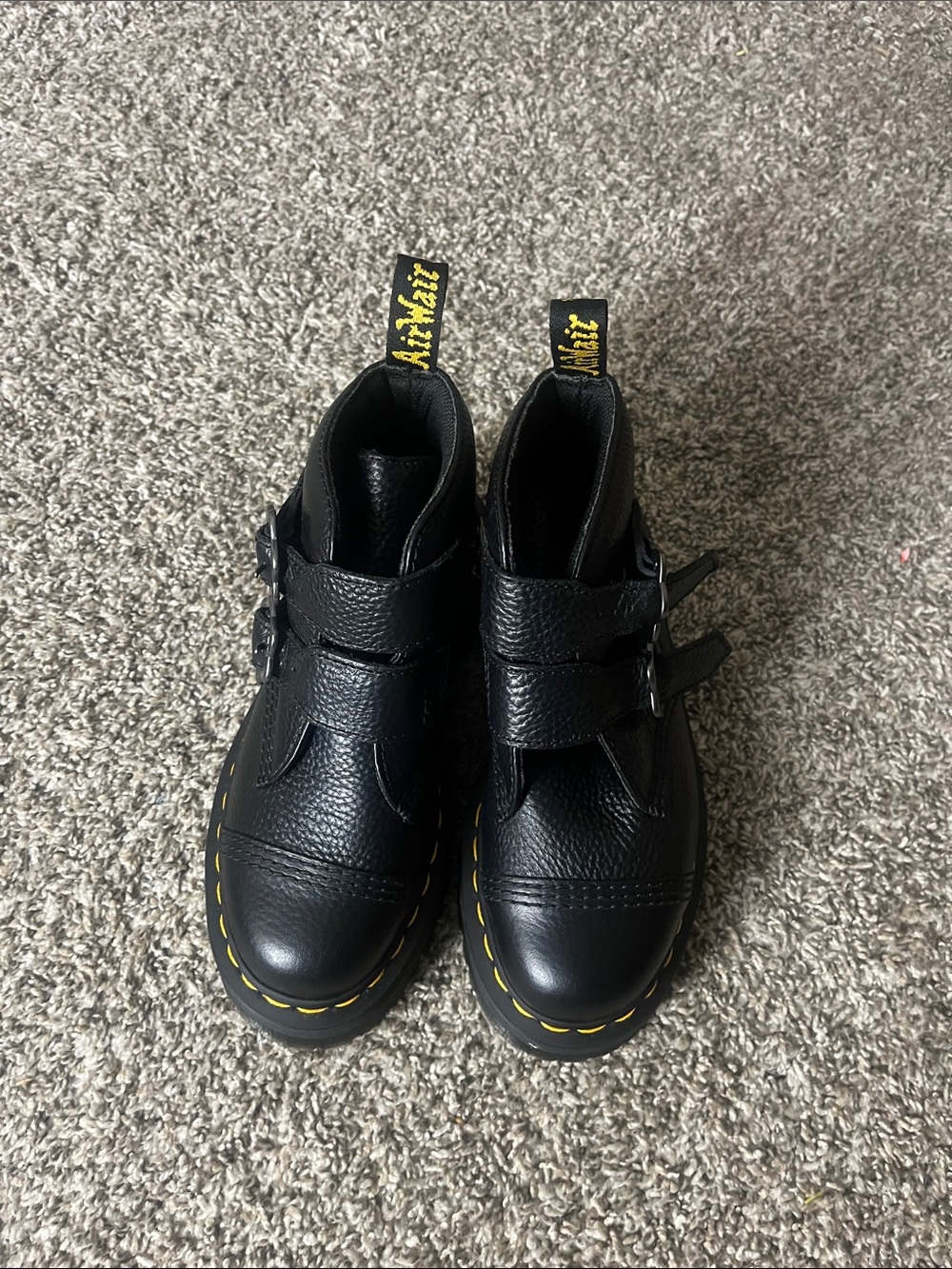 Dr. Martens Black Leather Double-Strap Ankle Boots with Yellow Stitching
